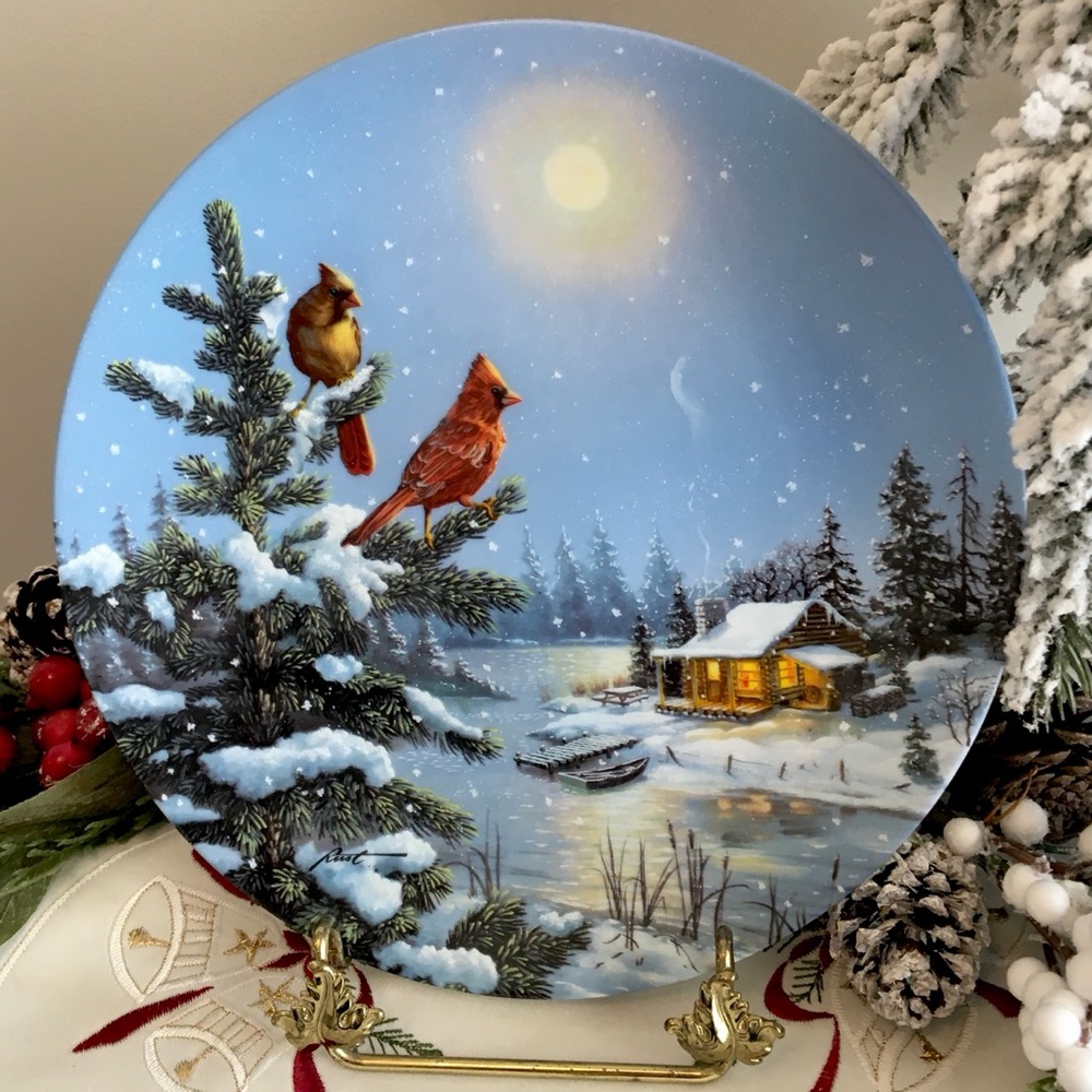*SOLD* Winter Scene Cardinal Moonlight Retreat Collector Plate